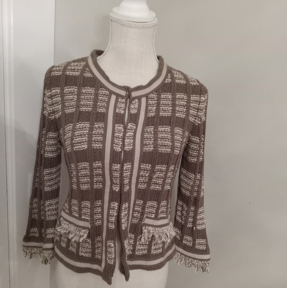 Chico's Size 0 Small Brown and White Stripe Jacket w/ Frindges on Edge